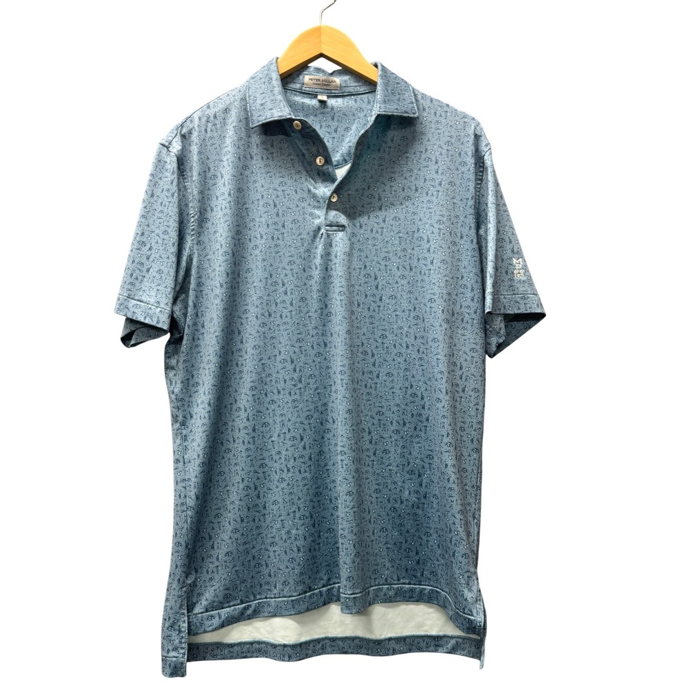 Peter Millar Polo Shirt Mens Small Summer Comfort Myers Park CC Blue Golf Print